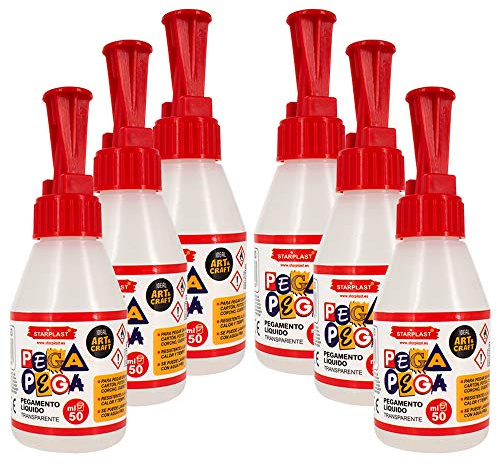 PEGAMENTO LÍQUIDO TRANSPARENTE STARPLAST - Pegamentos para papel, cartón, cuero, tela y madera. Ideal para manualidades, artesanía o hacer maquetas - 50ml Pack 6