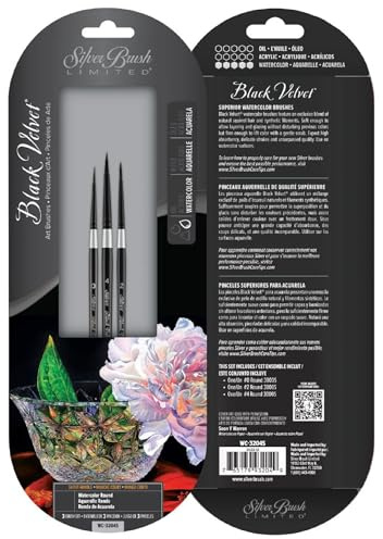 Silver Brush Limited WC-3204S Black Velvet Watercolor Round Set, 3pc Professional Paint Brush Set, Natural Squirrel Hair and Synthetic Mix Blend Filament Round Watercolour Brushes, Short Handle