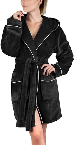 Gräfenstayn Bademantel Damen flauschig mit Kapuze - Kuschelfleece - Öko-Tex Standard 100 - Morgenmantel leicht & kurz - Größe (XL, Schwarz)