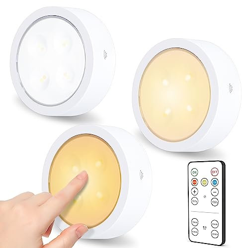 SOAIY 3 PCS Luces LED Adhesiva de Pilas,Luz LED Bajo Armario,Luces Redondas Pulsador con Mando a Distancia,Luz Nocturna Regulable para Cocina Mueble,Blanco Cálido/Neutro/Frío