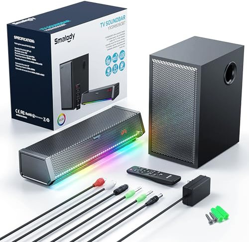 Smalody Altoparlanti TV, Altoparlante home theater Audio wireless Soundbar Altoparlante TV + Subwoofer per bassi, Bluetooth abilitato/Ingressi ottici/AUX/COAXIAL/Telecomando