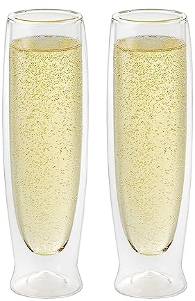 Oggi Champagne Flutes Double Wall Insulated Glass, Ideal for Champagne Cava Prosecco Sparkling Wine Mimosa Bridesmades Bridal Shower, Stays Cool Longer Even Outdoors, Stunning, 6oz/180ml, Set 2