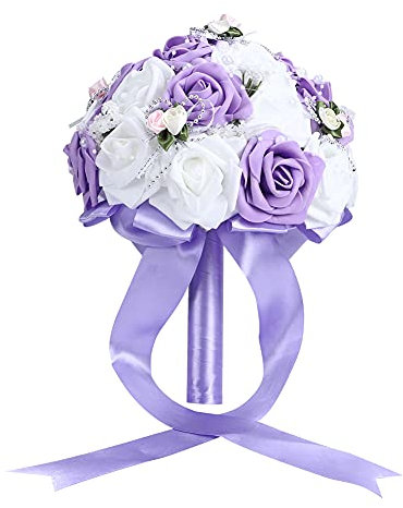 Bouquet De Mariée De Mariage Avec des Fleurs Roses En Mousse De Cristal De Diamant Avec Ruban Belle Demoiselle D'honneur Bouquet De Mariée Fleurs De Mariage(Violet)