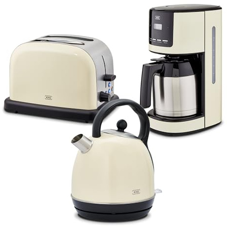 KHG Frühstücksset 3-teilig Kessel-Wasserkocher, Toaster & Thermo-Kaffeemaschine, Creme Beige Retro American Diner, Kapazität 1,7 Liter, 2 Toastscheiben, 12 Tassen Kaffee, 6 Röststufen, LCD-Anzeige
