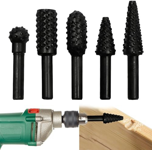 1/4 6mm Wood Carving Tools Woodworking Tools Rotary Burr Set Power Tools Wood Grinding Engraving Carving File Rasp Drill Bits Rotary Drill Burrs Shank Bit Set for Woodworking Kit Pack of 5 （Black）