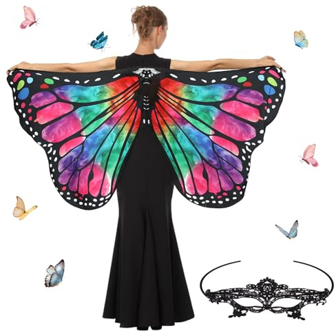 Niuoppy Adult Butterfly Wings Costume, 2pcs Carnival Butterfly Wings Cape with Mask for Festival, Halloween, Fancy Dress Party