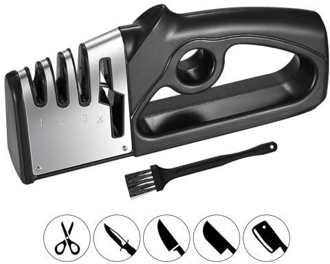 Manuelle Messerschäfer HUAERSICO - Messerschleifer mit Schere Schleifen,Ergonomisch geformt mit 3 Stufen für professionelle Ergebnisse - Keramikstein, Wolframcarbid-Teller,Diamant-Schleifstein.