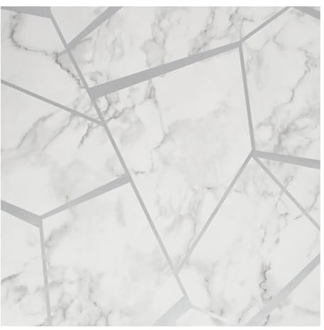 Fresco Fractal Marble White/Silver - Paste The Wall - Grey & White Wallpaper - Geometric Marbleise Design - Feature or 4 Wall Design - Cover for Small Cracks and Imperfections