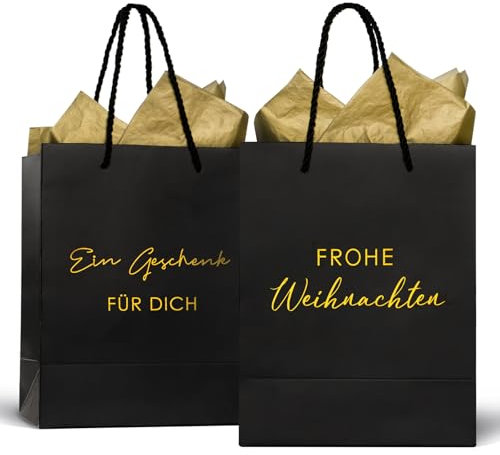 BETESSIN Geschenktüten Weihnachten - 2 Stück Frohe Papiertüten Mit Henkel und Seidenpapier - Weihnachtstüte für Geschenkverpackung (Schwarz, 18x10x23cm)