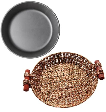 PRETYZOOM Round Non-Stick Grill Plate Steak Pan with Rattan Basket 30cm Black Iron for Restaurant Serving for Cooking Steak and Barbecue