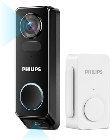 Philips Security Video Doorbell Camera (Chime Included), No Monthly Fee, Dual Cameras 2K QHD with Motion Detection, 2-Way Audio, Supports Alexa & Google Assistant, Battery/Wired Powered