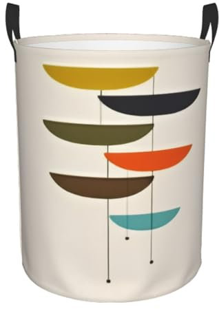 Mid Century Wäschekorb mit modernen Drucken, wasserdicht, rund, schmutzige Kleidung, niedlicher Wäschekorb, faltbare Aufbewahrungskörbe mit Griffen für Büro, Schlafzimmer, Bad