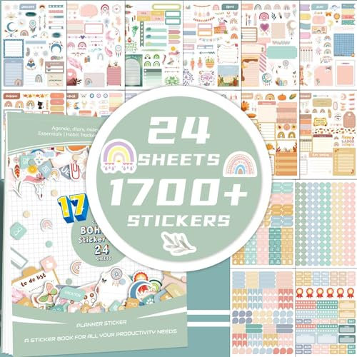 24 Blatt 1700+ Stück Bullet Journal Sticker - Planer Aufkleber für Kalender, Tagebuch, DIY Scrapbooking - Happy Planner Stickerbuch, Monatsplaner, Organizer Zubehör