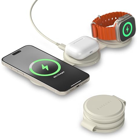 SATECHI OntheGo™ 3 in 1 Wireless Charger, 15W Qi2 Portable Travel Station with Fast Charging for iPhone 17–12, Apple Watch & AirPods, Sand (𝗨𝗦𝗕-𝗖 𝗖𝗵𝗮𝗿𝗴𝗲𝗿 𝗺𝗶𝗻 𝟯𝟲𝗪 𝗥𝗲𝗾𝘂𝗶𝗿𝗲𝗱)