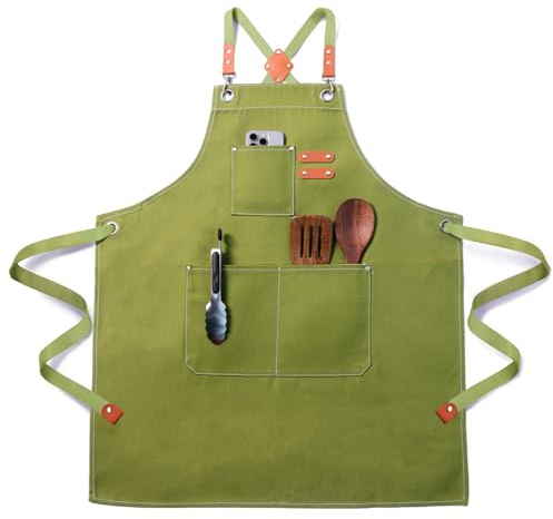 FortuWrap Tablier de Cuisine Professionnel en Toile, Imperméable et Réglable, avec Poches – Tablier de Travail pour Homme et Femme, Chef, Serveur, Barbecue, Peinture, Jardin, Restaurant(Vert)