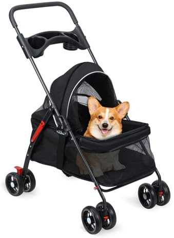 Smbcgdm Poussette Chien, chat Poussette, 4 roues poussette de compagnie pour un petit chien moyen jusqu'à 50 lb, poussettes pliage animaux voyage en plein air, avec porte-tasse, maillage respirant e