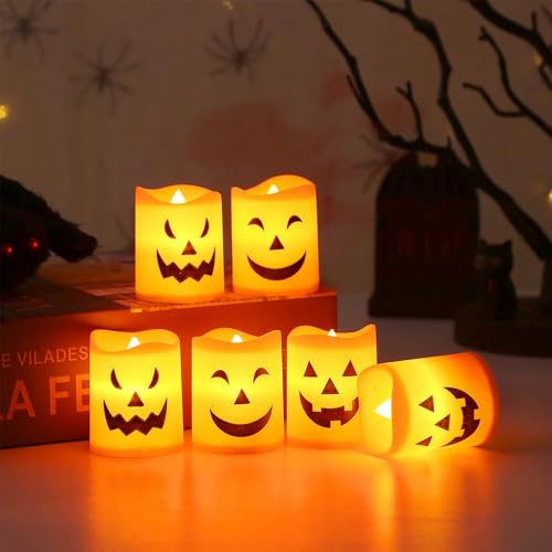 Doukesh 6 Piezas Velas LED Sin Llama de Halloween Velas de Té LED Calabaza Luz Nocturna Decoración de Halloween para Jardín y Mesa