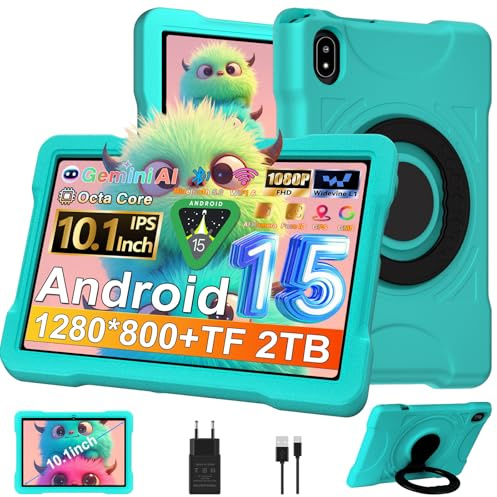 Tablet 10 Pollici Android 15 con 30GB RAM+TF 2TB,Octa-Core 2.0 Ghz, Gemini AI/Widevine L1, 5G WiFi/Bluetooth 5.0, 1080*800/5MP+8MP, Newest Tablet Bambini con Caso EVA + Staffa girevole a 360°, Verde
