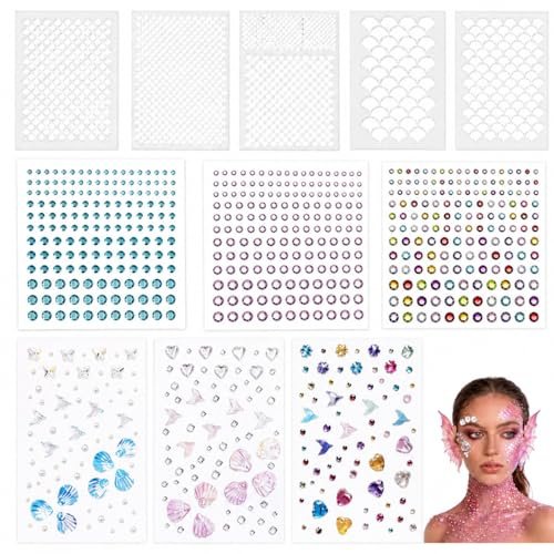 5 Pezzi Stencil Trucco Sirena con 6 Strass Glitter Autoadesivi Stencil Scaglie Sirena per Trucco Viso e Corpo Costume Sirena Donna per Carnevale Cosplay Festival Feste Make Up Artistico