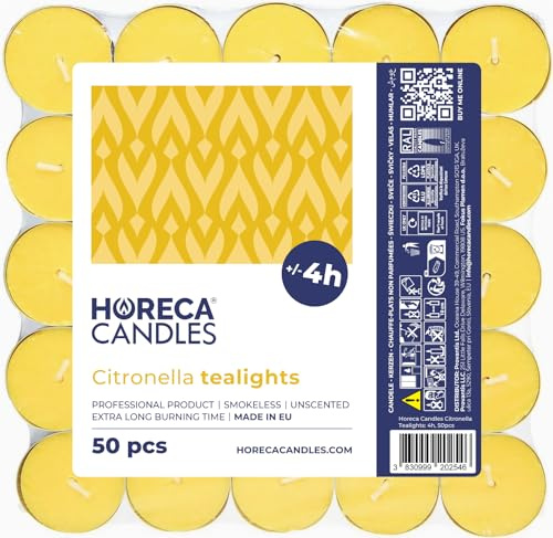 Horeca Candles - Velas de Té con Citronela - Lote de 200 Velas Perfumadas - Duración de Combustión 4 Horas - Amarillas - Candelitas Para Exteriores, Balcón, Picnic, Camping