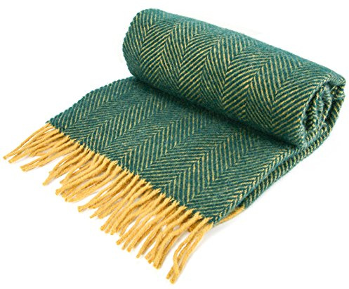 Tweedmill Textiles - Manta de lana pura y nueva para rodillas, color esmeralda/mostaza, fabricado en Reino Unido