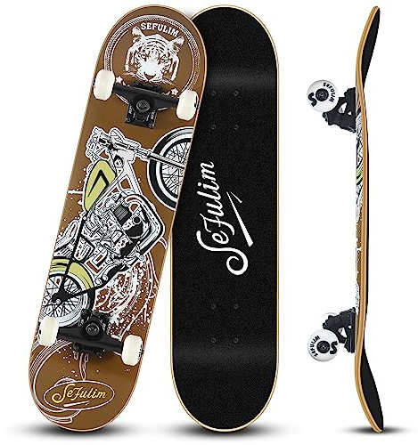 Sefulim 31 x 8 Pouces Ensemble Complet de 7 Couches érable Canadien Double kickboard concave Cruiser Stunt Skateboard pour garçon Fille Adolescent Adulte débutant