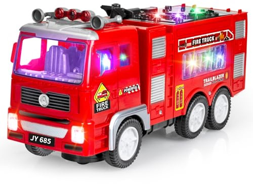 Ynanimery Toddler Fire Engine Truck Toys, Large Fire Truck Toy for 3 4 5 6 Year Olds, Bump and Go Firetruck with Flashing 4D Lights & Real Siren Sounds, Rescue Car Toys Gifts for Kids 3-8 Boys Girls