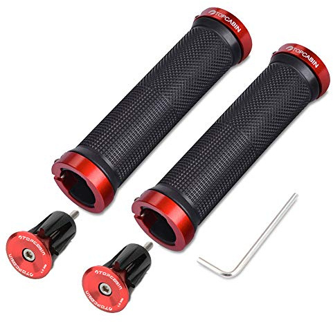 TOPCABIN Bike Grips Double Lock on Locking Bicycle Handlebar Grips Cycle Bicycle Mountain Bike BMX Floding ((Aluminum lock plug+Grips) Red 1 Pair)