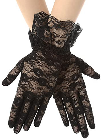 Netzhandschuhe Spitzen Kurze Schwarze Handschuhe Damen Schwarze Lace Short Gloves Kurze Spitzenhandschuhe Blumenhandschuhe Sonnenschutzhandschuhe Damen Hochzeit Abendessen 1980 Partykostüm Geschenke