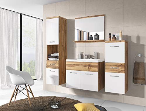 PIASKI Conjunto de Muebles de Baño Colgantes Alba con Lavabo, Tablero Laminado MDF, 6 Piezas, Estilo Moderno, 30x30x130 cm, 60 kg, Sonoma/Blanco Brillante