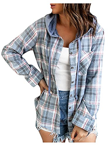 Générique Chemisier à Carreaux Chemise Femme Blouse Chic avec Bouton en Flanelle à Manches Longues Retroussée Style de Boyfriend Casual Veste Polaire avec Capuche (Bleu, M)