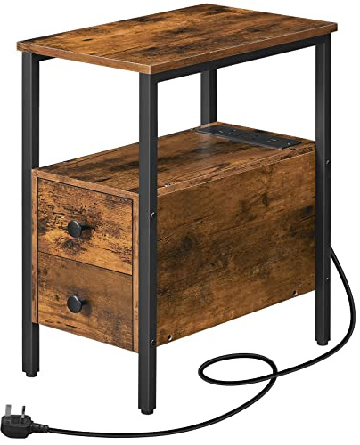 HOOBRO Side Table, Narrow Bedside Table with Charging Station, USB Ports and Power Outlets, Slim Side Table for Small Spaces, 2 Drawers, Industrial Nightstand, Rustic Brown and Black EBF548KBZ01G1