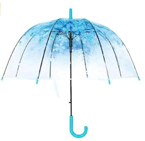 Cherry Blossoms Umbrella Cute Transparent Bubble Umbrella Clear Dome Semi-Automatic Sunny Umbrellas for Kids Girls Boys Women Romantic Lage Waterproof Canopy Rain Wedding Decoration (Blue)