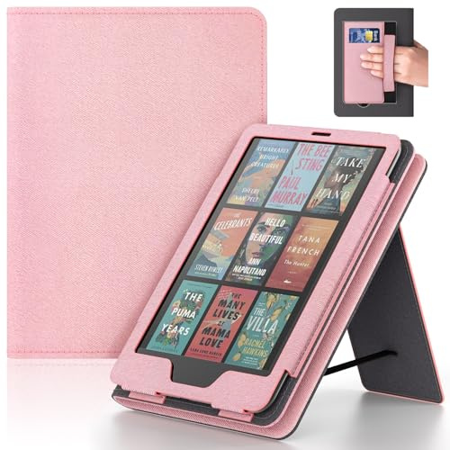Lainergie Case for Kindle Paperwhite 7/6.8 (12th/11th Gen, 2024/2021) & Kindle Colorsoft Signature Edition 2024, Slim PU Shell Cover with Stand, Hand Strap, Auto-Wake/Sleep Feature Not for TCL, Pink