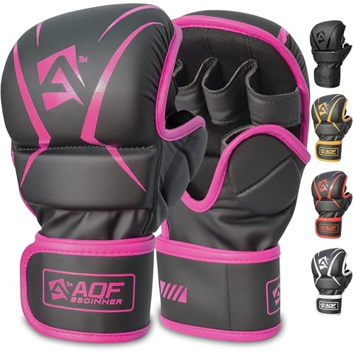 AQF Hybrid MMA Gloves for Sparring & Grappling, Open Palm Shooter Design, Enhanced Wrist Support, Shock-Absorbing Padding, Lightweight and Durable for Training, Kickboxing, Muay Thai (Pink, L/XL)