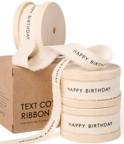 Vitalizart Happy Birthday Ribbon Natural Cotton 5/8 Inch x 15 Yd | Handmade Frayed Fringe Ribbons 3 Rolls x 5 Yd for Gift Wrapping, Crafts, Flower Bouquets, Decoration, Acknowledgement Gift
