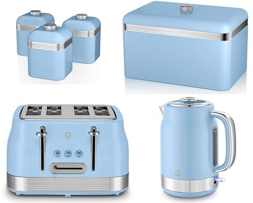 Swan Retro Revive Blue 1.7L 3KW Jug Kettle, 4 Slice Toaster, Retro Breadbin and Canisters Kitchen Storage. Matching Retro Kitchen Set in Blue with Chrome Accents