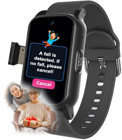 VCYEX Montre Connectée Senior, Montre Connectée avec Détecteur De Chute, Bracelet De Positionnement Bouton SOS, Intelligentes Surveillance De La Santé des Personnes ÂgéesBlack,1.25 * 0.57 * 2.22inch