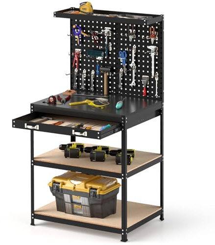 GOPLUS Banco de Trabajo Taller, Mesa de Herramientas Carga 100 kg, 810 x410 x1555 mm, con Tablero Perforado Metal, Estante Abierto, 14 Accesorios para Colgar (Negro)