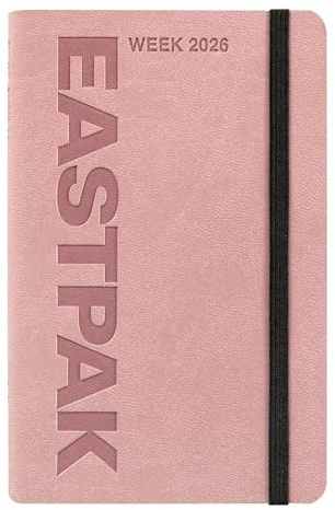 EASTPAK Agenda 2026 officiel Eastpak Agenda hebdomadaire 12 mois Midi, planificateur hebdomadaire avec 192 pages, élastique, poche de transport, signet, calendrier 2026 et 2027, format 9 x 14 cm