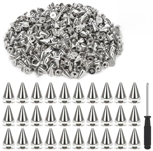200 Pcs Cone Spikes Studs, 7x10mm Punk Studs for Clothing with Screwdriver, Leather Rivets, DIY Metal Studs for Jacket, Bags, Shoes, Clothing Decoration (Silver)
