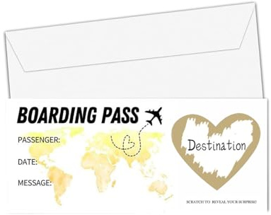 DIY Scratch Card Reveal, Holiday Scratch Card Reveal with Golden Scratch-Off Heart and White Envelope, Creative Boarding Pass Scratches Cards, Surprise Trip Reveals for Friends, Families and Lovers