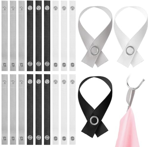 Elegaperma 18 Pcs Tea Towel Clips for Hanging, Fabric Towel Clips with Pin Button Closure, No-Sew Textile Hangers for Kitchen & Home, 15.5 x 1.5 cm Tea Towels Holders, Black White Grey