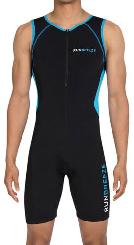 RunBreeze Herren Triathlon Anzug | Atmungsaktiver, schnell trocknender Tri-Anzug mit Rückentaschen (Schwarz/Blau, S)