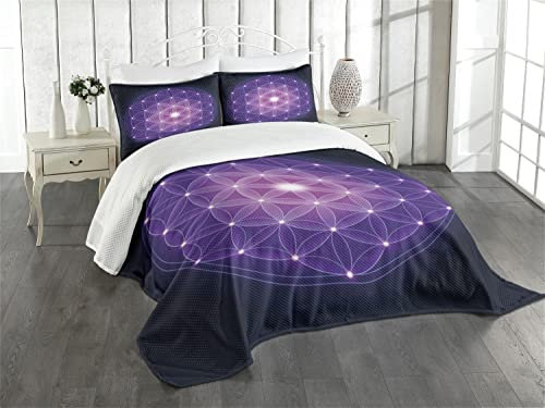 ABAKUHAUS Dunkelblau Tagesdecke Set, Blume des Lebens Sterne, Set mit Kissenbezügen Feste Farben, für Doppelbetten 220 x 220 cm,Dunkelblau Rosa Lila