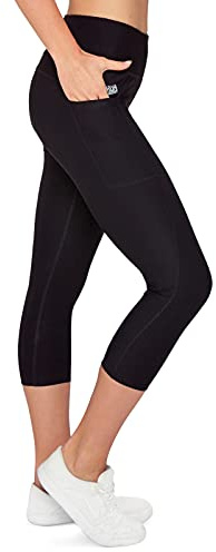 VS Capri Sport Leggings mit Handytasche - 3 Seitentaschen 3/4 Leggins für Handy, Schlüssel, Kreditkarte und Co. Fitness Sport Tights Schwarz Muster Yoga Hose Sporthose Jogging High Waist (Schwarz, M)