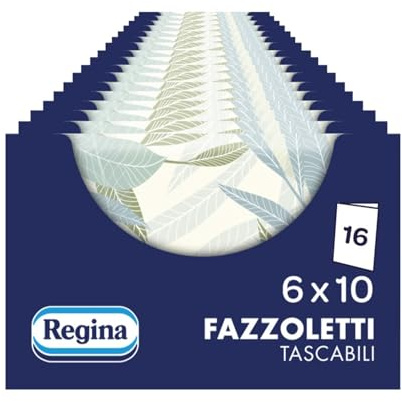 Regina Fazzoletti Tascabili – 16 Confezioni da 6 Pacchetti con 10 Fazzoletti, 4 Soffici Veli, Pratici Pacchetti Super Sottili, 5 Varianti Grafiche Accattivanti, Carta 100% Certificata FSC