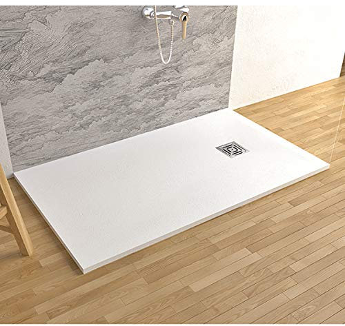 Piatto doccia in marmoresina con piletta di scarico effetto pietra (80 x 140, Bianco)