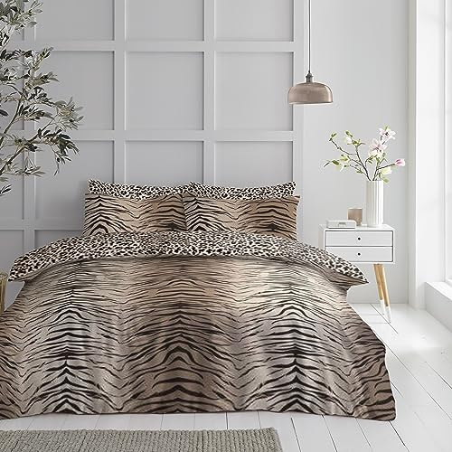 GC GAVENO CAVAILIA Easy Care Polycotton Bedding Double Bed, Tiger Duvet Set With Pillowcases, Comfy Quilt Covers, Brown