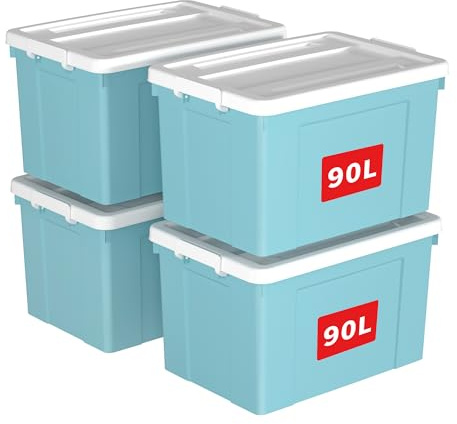 Cetomo 90L*4 Caja de Almacenamiento con Ruedas, Caja de Plástico con Tapa y Cierre Seguro, Contenedor de Almacenamiento Grande, Duradera, Apilable, Resistentes, Azul, Paquete de 4 de 90L